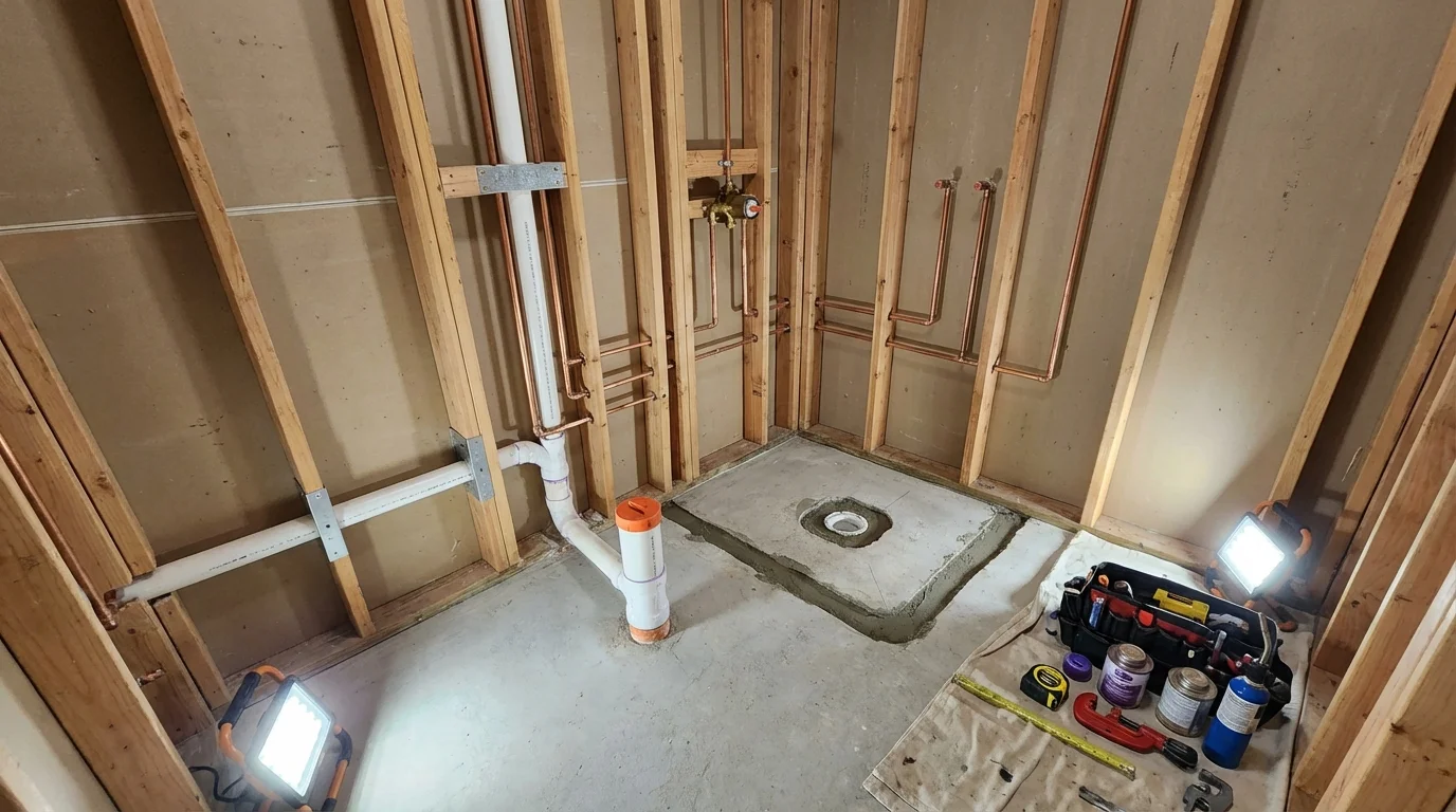 Bathroom rough-in plumbing during remodel by Johns Plumbing LLC in Lynwood