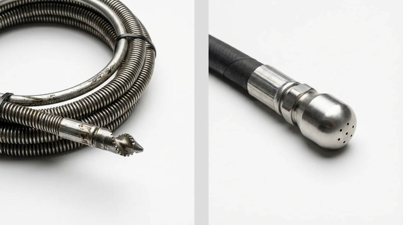 Drain snake cable and hydro jetting nozzle used for drain cleaning in Lynwood, CA