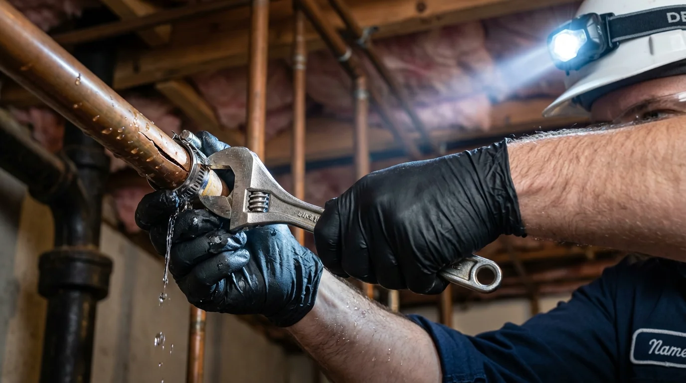 Emergency pipe clamp repair being performed by a Johns Plumbing LLC plumber in Lynwood