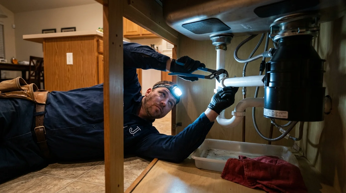 P-trap and supply line connections under a kitchen sink showing a common leak point in Lynwood, CA